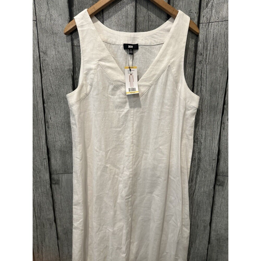 DKNY Women's Breathable  Pullover Soft Linen A Line Summer Dress White Size Med